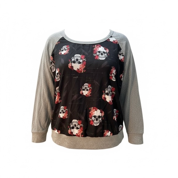 TORRID 1X Gray Sweatshirt Chiffon Black Red Skull Front R $59 - Picture 9 of 9